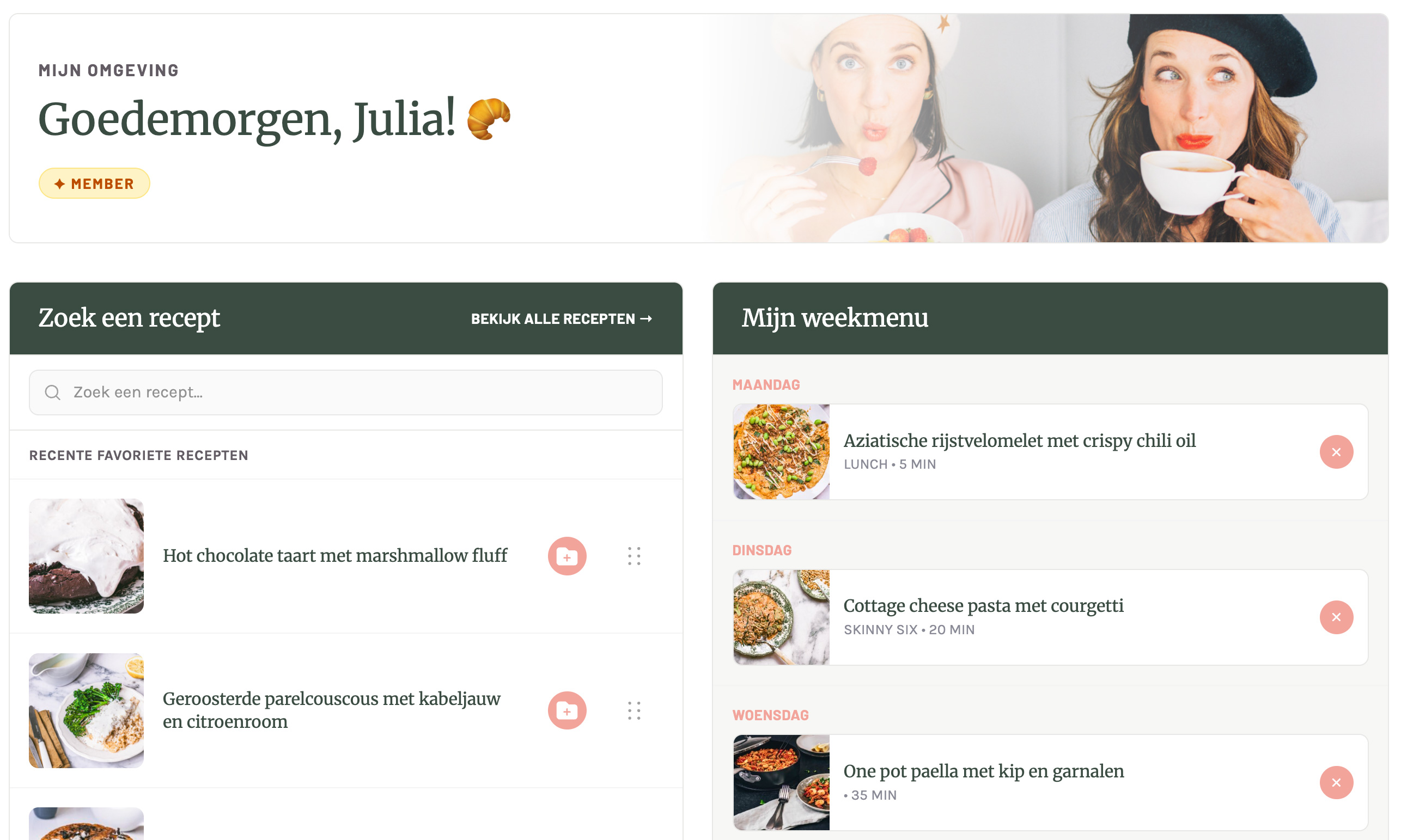 Het Chickslovefood dashboard met recepten en weekmenu